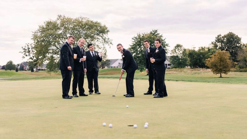 Groomsmen play golf